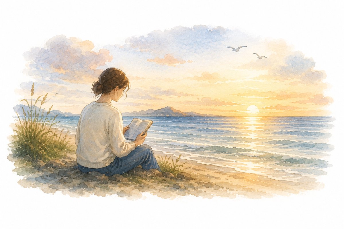 夕暮れの海辺に腰をおろして、本を読んでいる人の水彩画