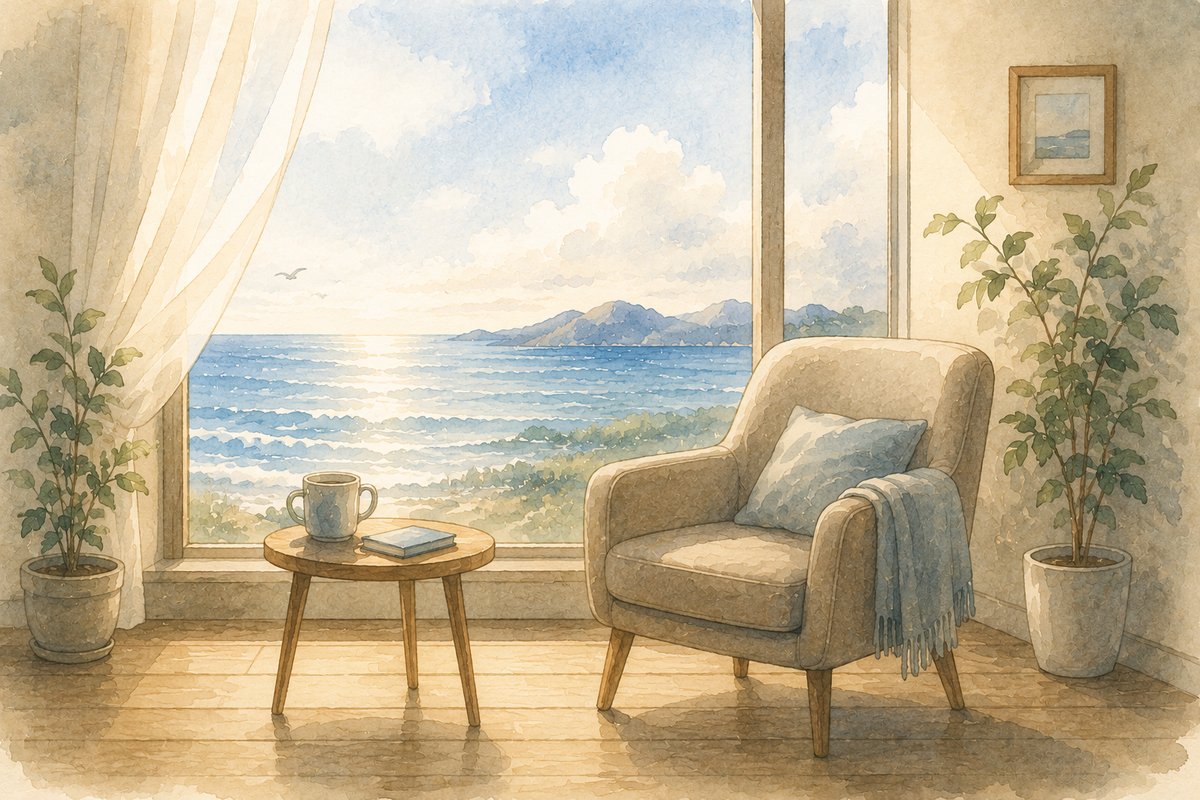 海を望む窓辺に、ひざ掛けのかかった一脚の椅子と小さなテーブルが置かれた部屋の水彩画