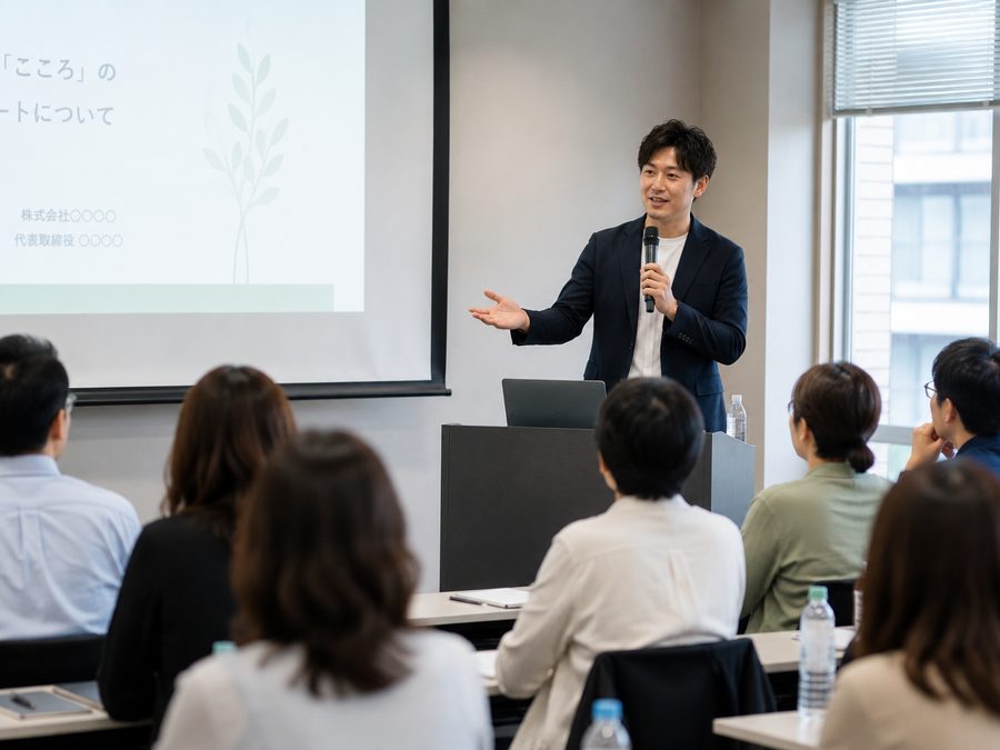 研修・講演会の様子。スクリーンを背に講師が話している
